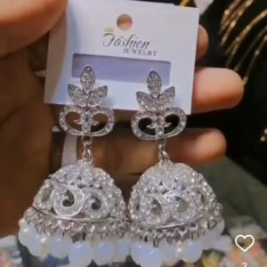 Silver Crystal Floral Jhumka Earrings with Pearl Drops